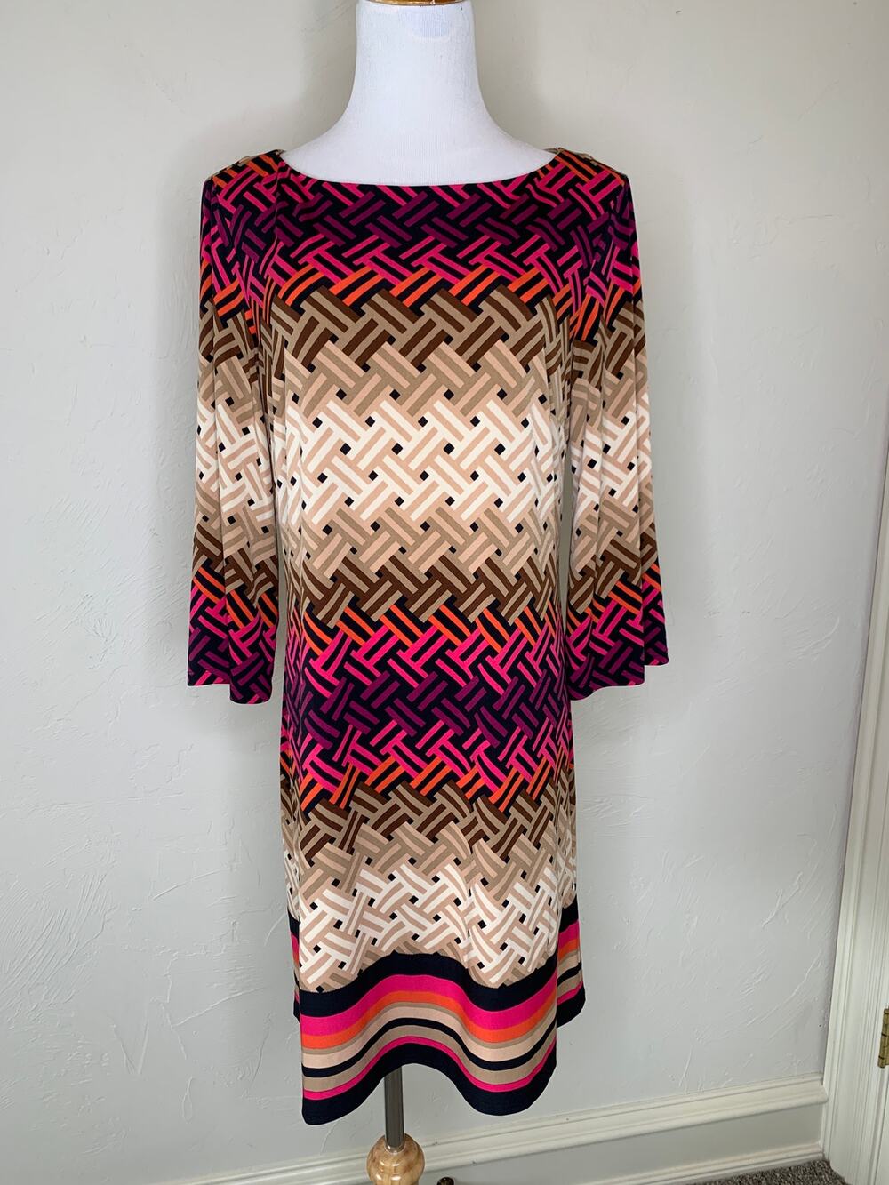 Eliza J. Geometric Stripe Shift Dress Tan Pink Sz 12 Preppy Career